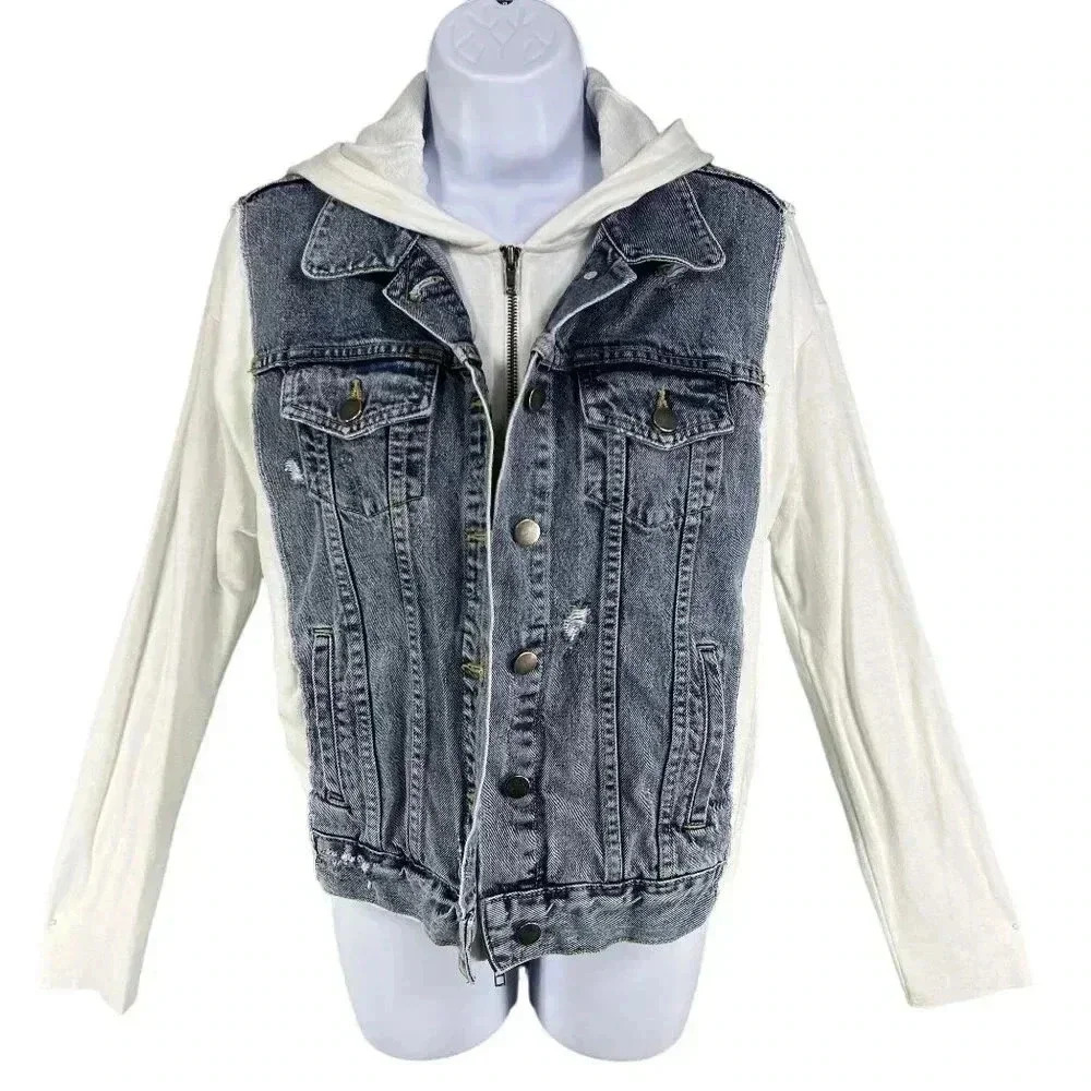 Bailey 44 Womens L Denim White Super Soft Stretchy Arms Hood Back Hidden Zipper